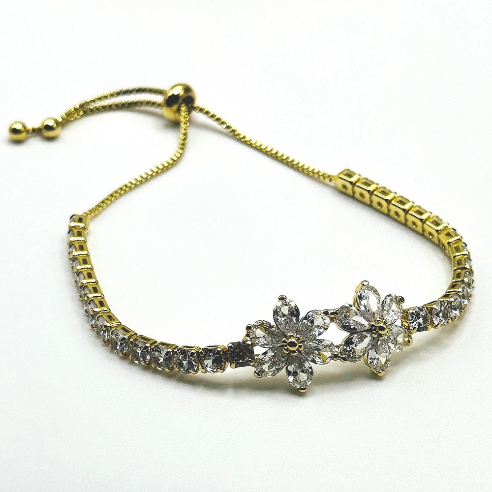 Gold Overlay Floral Tennis Bracelet Made with Swarovski Crystals Adjustable Bolo